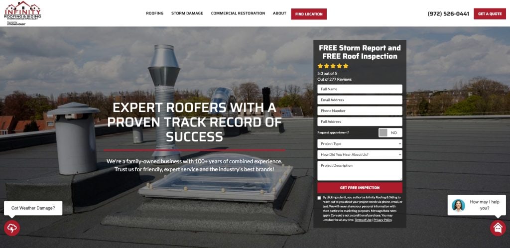 A flat commercial roof with vents and HVAC units. A banner reads, Expert roofers with a proven track record of success. A form offers a free storm report and roof inspection. The Infinity Roofing logo is visible at the top left.