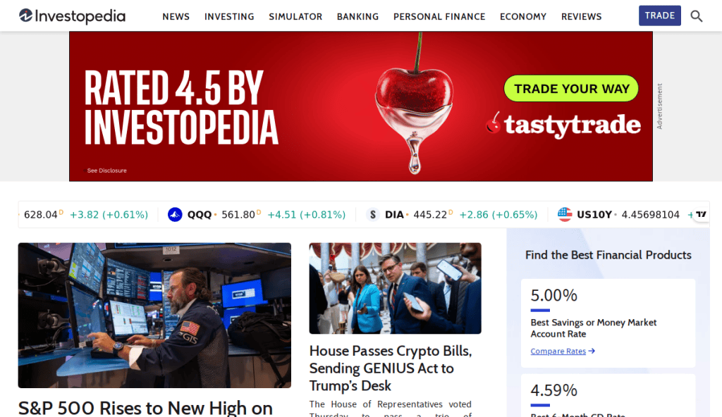 A screenshot of Investopedia’s homepage shows a “Rated 4.5 by Investopedia” tastytrade ad, financial news headlines, major stock index prices, and a right sidebar listing best financial product rates.