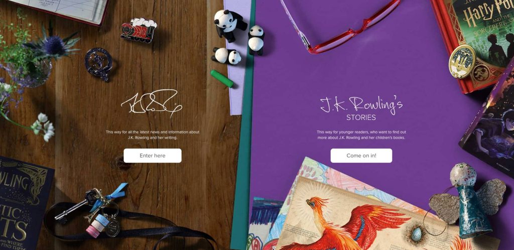 Split-screen image: left shows a wooden desk with keys, pins, and stationery; right shows a purple surface with Harry Potter books, glasses, and a phoenix illustration. Both sides feature buttons to enter J.K. Rowling’s websites.