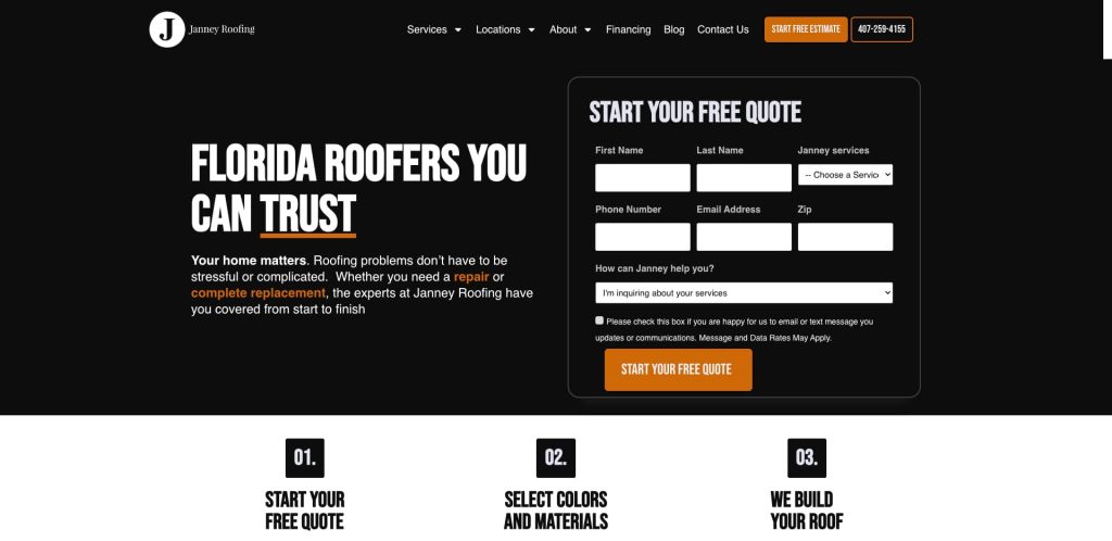 Screenshot of a roofing companys website featuring a bold headline, Florida Roofers You Can Trust, a free quote form, navigation menu, and service steps for roof repairs and replacements.