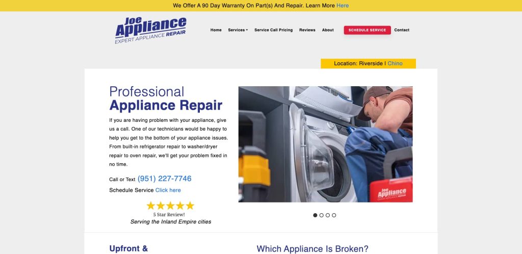 Screenshot of the Joe Appliance website showing a technician repairing a washing machine, contact information, service area, and a 5-star rating. The site highlights professional appliance repair services in Riverside and Chino.