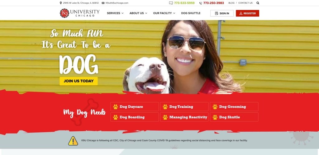 A smiling woman wearing sunglasses poses with a happy white dog in front of a bright yellow wall. Text reads, So much fun, its great to be a dog. Join us today. Red menu lists dog services like daycare, training, and grooming.
