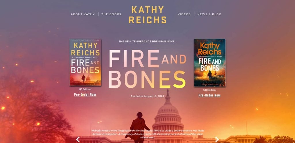 Book promotion webpage for Kathy Reichs’ novel “Fire and Bones,” featuring two book covers, a silhouette of a person facing the US Capitol at sunset, and navigation links at the top for books, videos, news, and more.