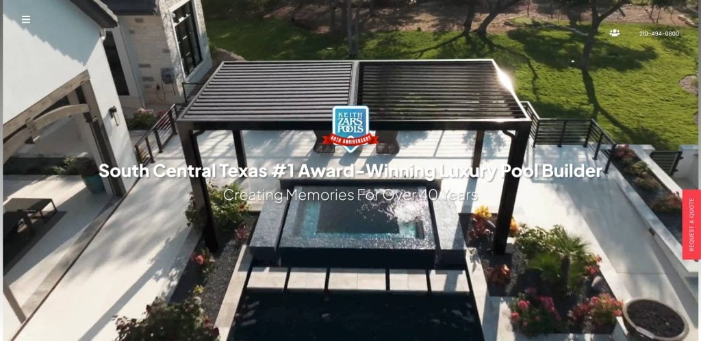 Aerial view of a modern luxury pool with a shaded pergola, surrounded by landscaped greenery. Overlay text reads, “South Central Texas #1 Award-Winning Luxury Pool Builder” along with a company badge.