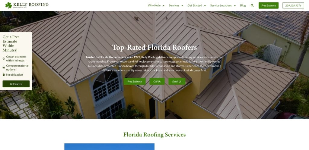 Screenshot of Kelly Roofing’s homepage featuring a tan-roofed house, navigation menu, and a banner that reads “Top-Rated Florida Roofers.” The left sidebar offers a free estimate, and there are green call-to-action buttons.