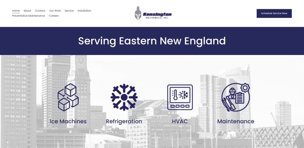 Website homepage for Kensington Mechanical, Inc. featuring a city skyline background, navigation menu, company logo, and four service icons labeled Ice Machines, Refrigeration, HVAC, and Maintenance.