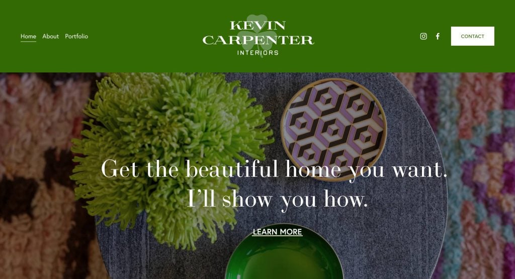 Website homepage for Kevin Carpenter Interiors with text over a flat lay of a green plant, a patterned plate, and a green bowl. Navigation links and a contact button appear at the top.