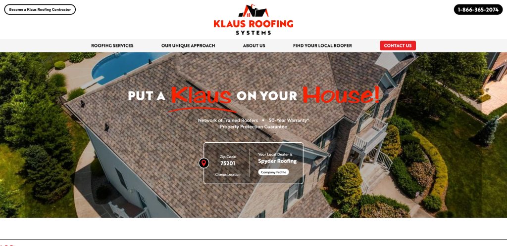 Aerial view of a house with a new shingle roof. Large text reads Put a Klaus on your House! and Klaus Roofing Systems logo is at the top. Menu and contact options are visible above the image.
