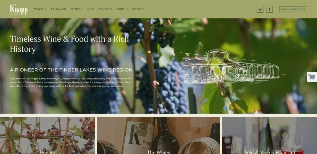 Website homepage of Knapp Winery featuring a header image of purple grape clusters on a vine, with illustrated winery buildings overlaid and menu navigation at the top. Text highlights the winery’s long history.