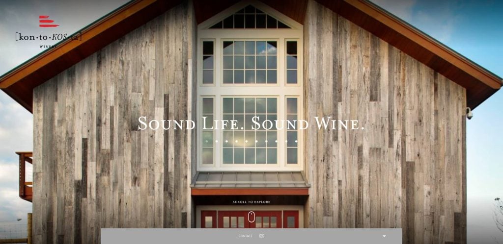 A rustic building with weathered wooden siding and large windows. The text Sound Life. Sound Wine. is centered over the image. The logo and website name “kon-to-ros” appear in the top left corner.