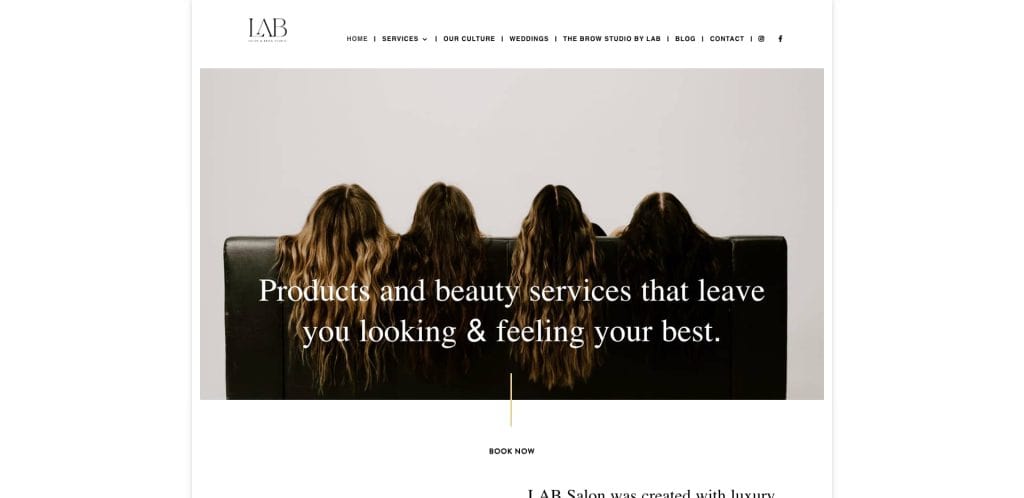 Four people with long hair sit on a couch with their backs to the camera. The text overlay reads, Products and beauty services that leave you looking & feeling your best.