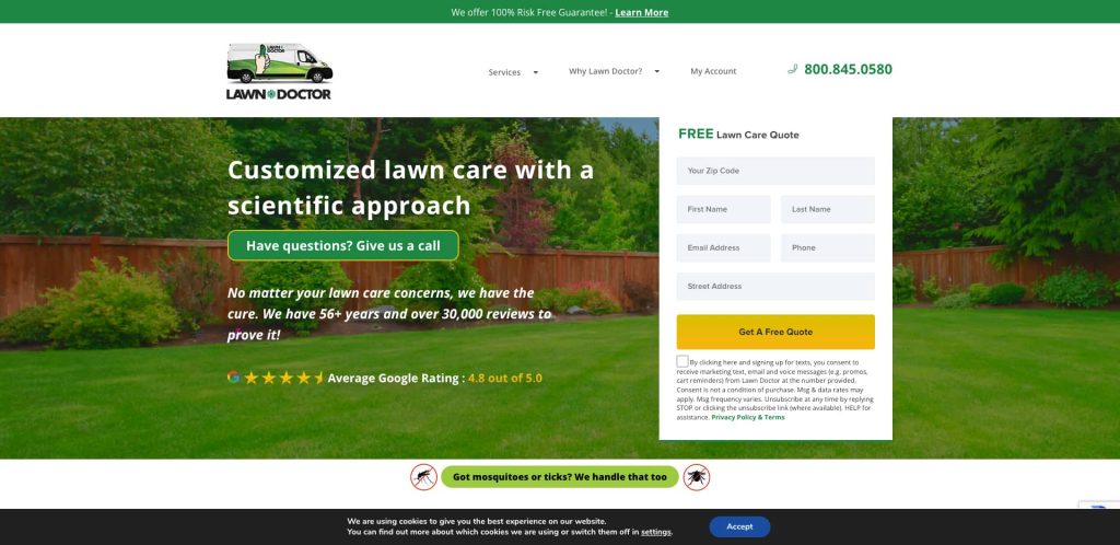Screenshot of Lawn Doctor’s website showing a green yard, lawn care services, contact number, a free quote form, and an average Google rating of 4.8 out of 5 stars. Header highlights a 100% satisfaction guarantee.