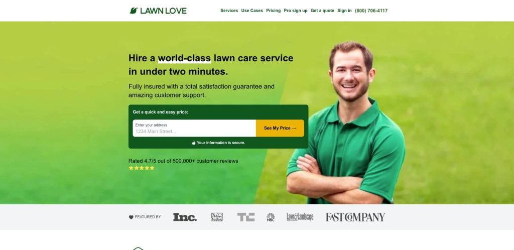 Screenshot of the Lawn Love website homepage showing a smiling man in a green polo shirt with arms crossed, a headline about lawn care services, a price quote form, and customer review ratings.