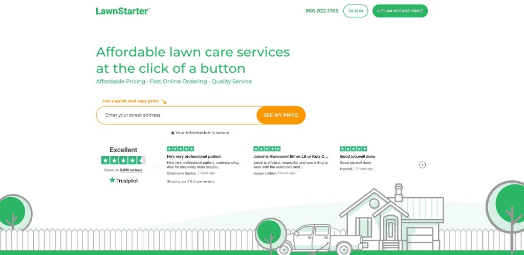 A website homepage for LawnStarter offering affordable lawn care services, with a search bar to enter an address, review ratings, and an illustration of a house, yard, fence, and truck.