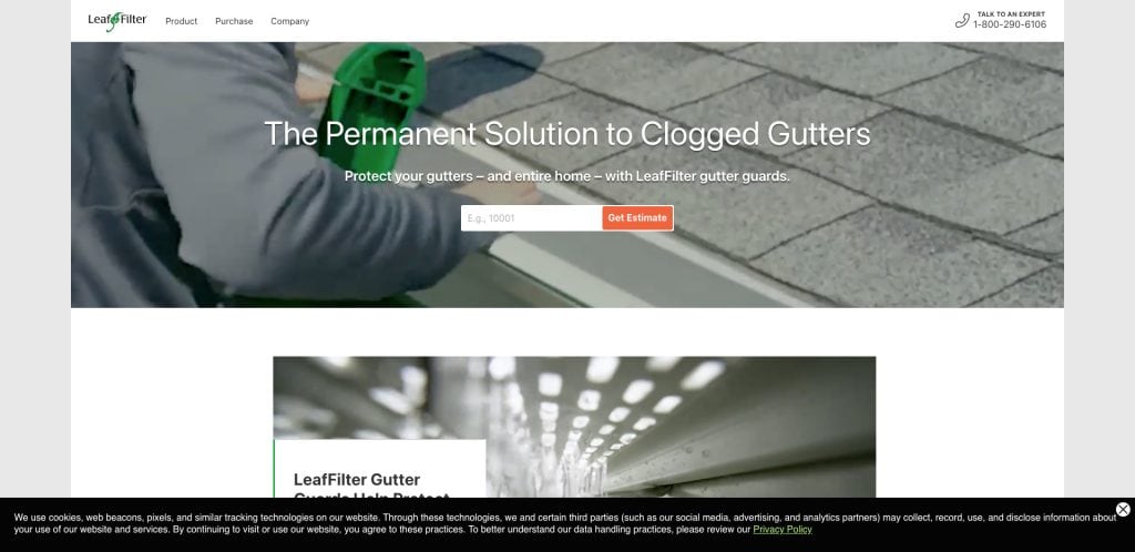 A person installs a LeafFilter gutter guard on a house roof. The website headline reads, The Permanent Solution to Clogged Gutters, with a call-to-action form and company navigation at the top.