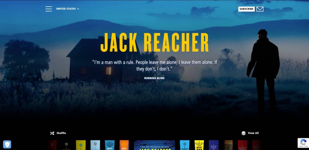 A silhouette of a man stands near a house at dusk with mountains in the background. Large yellow text reads Jack Reacher and a quote below it says, Im a man with a rule. People leave me alone, I leave them alone....
