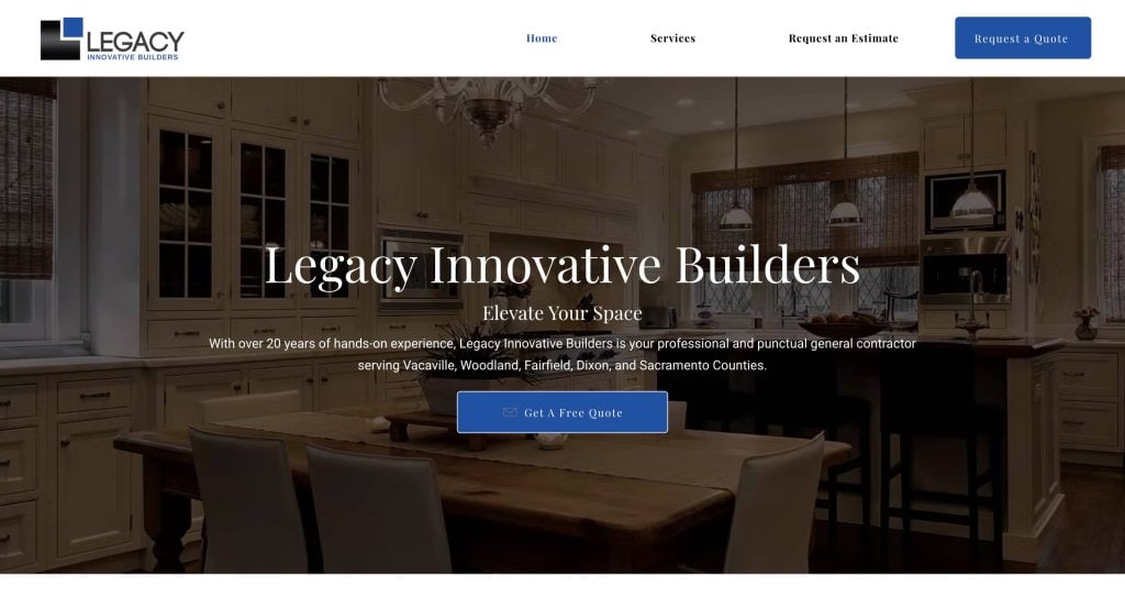 A website homepage for Legacy Innovative Builders, featuring a kitchen with white cabinets and a wooden dining table. Overlay text offers construction services and a button to get a free quote. Navigation links are at the top.