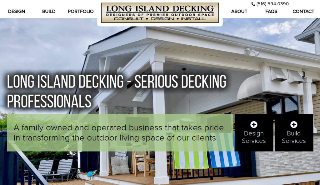 Screenshot of the Long Island Decking website featuring a modern outdoor deck, company logo, contact details, and text promoting their design and build services for outdoor living spaces.