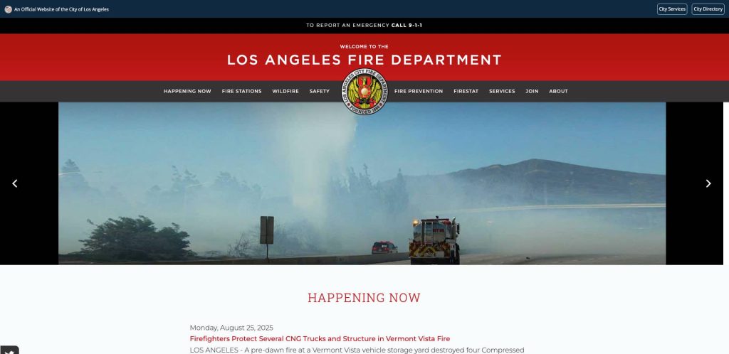 A screenshot of the Los Angeles Fire Department website shows emergency vehicles near a large column of smoke or vapor rising by a highway, with mountains in the background and information about a current fire incident below.