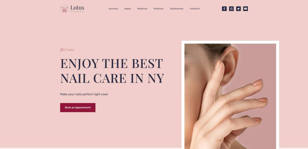 A website homepage for Lotus Nail Care in New York, featuring a close-up of a womans hand with manicured nails and text promoting the best nail care in NY. There are navigation links and a Book an Appointment button.