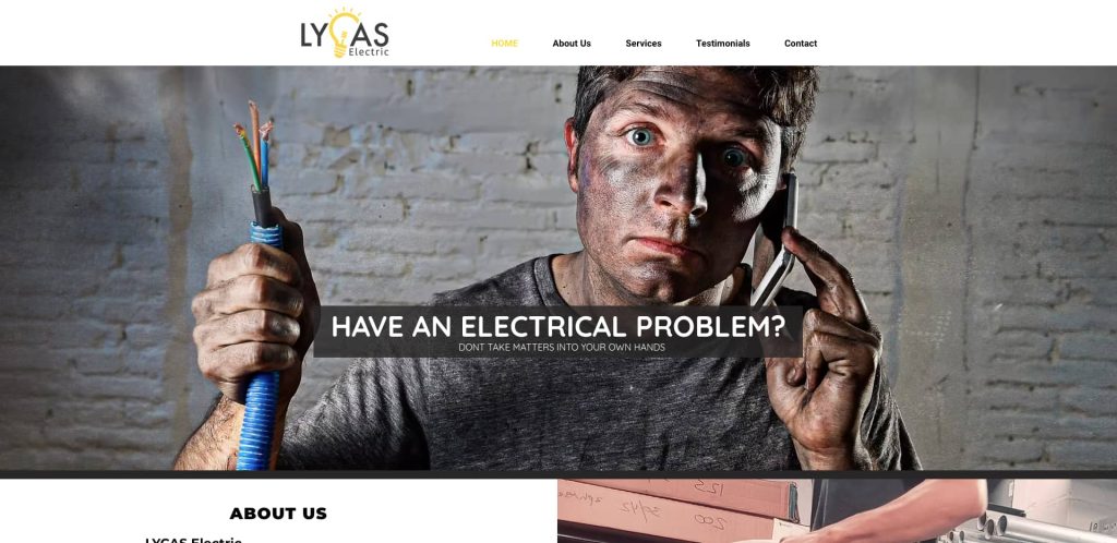 A man with a dirty face holds exposed wires in one hand and a phone in the other, looking worried. Text reads, Have an electrical problem? Don’t take matters into your own hands.