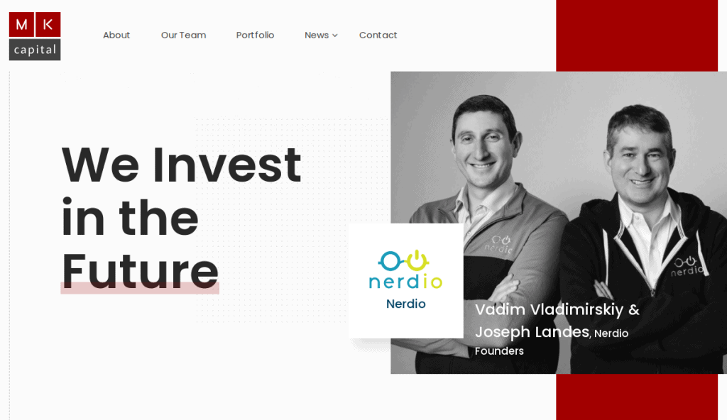 MK Capital website homepage showing the slogan We Invest in the Future on the left, and a grayscale photo of two smiling men, Vadim Vladimirskiy and Joseph Landes, founders of Nerdio, on the right.