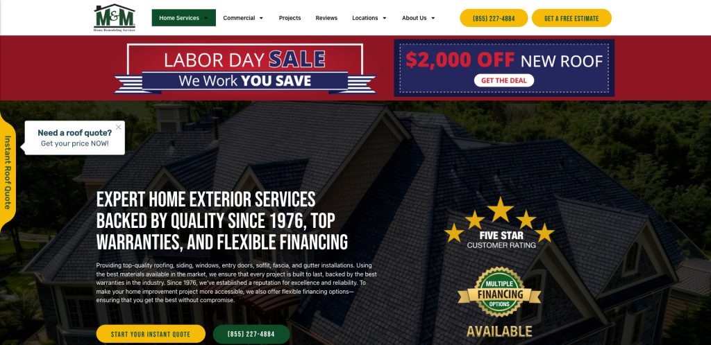 Screenshot of a roofing company’s website with a Labor Day sale banner, $2,000 off offer, and text promoting expert home exterior services, easy financing, and a five-star rating. Background shows a close-up photo of a house roof.