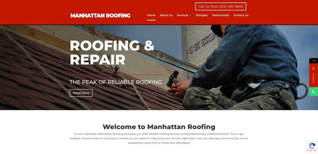 A website homepage for Manhattan Roofing showing a worker installing shingles on a roof. The header includes navigation links and a red banner with the company name and phone number. The main text reads Roofing & Repair.
