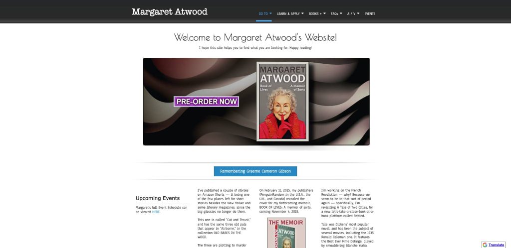 Screenshot of Margaret Atwoods official website homepage featuring her book cover, a Pre-order now banner, welcome message, upcoming events, and a section remembering Graeme Gibson. The design has a black and white wavy background.