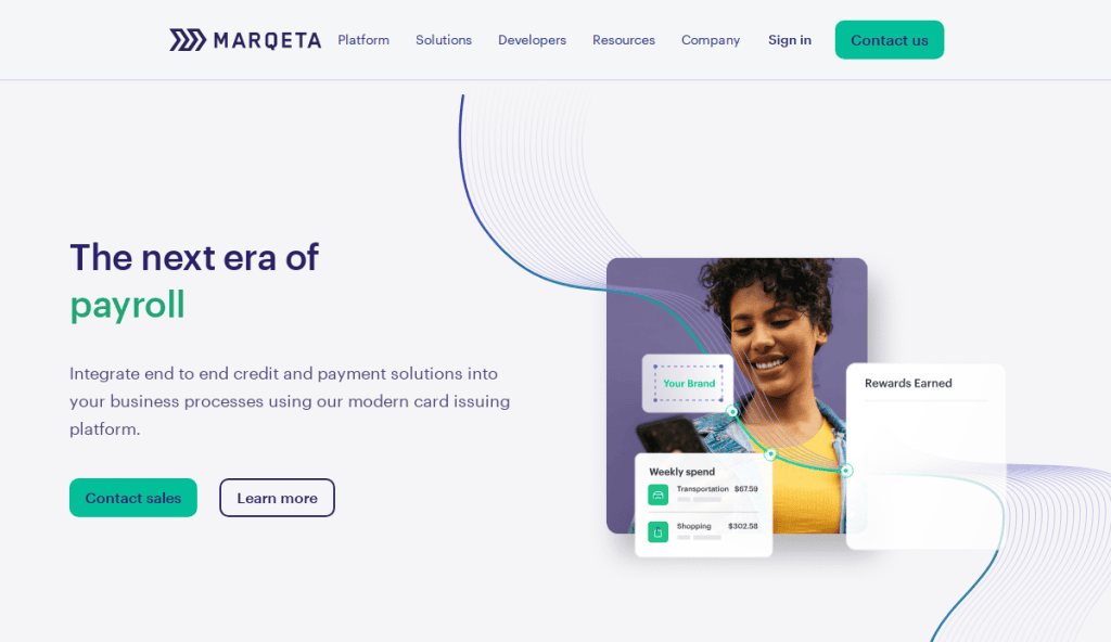 A website homepage for Marqeta features a smiling woman on a phone, text about modern payroll solutions, navigation links, and buttons labeled Contact sales and Learn more. Digital spending and rewards graphics are also shown.