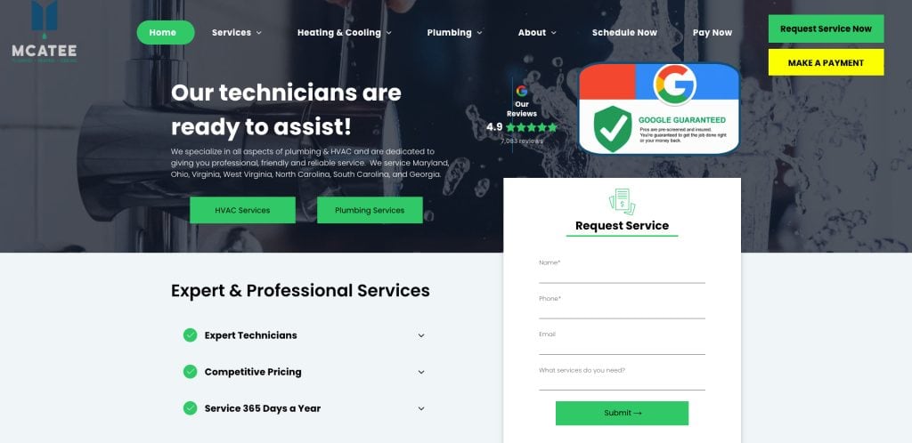 Screenshot of a plumbing and HVAC service website. Text reads “Our technicians are ready to assist!” with buttons for HVAC and plumbing services, a service request form, and navigation menu at the top. A “Request Service Now” button is visible.
