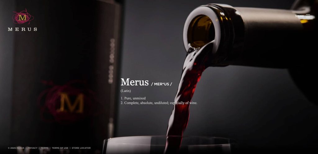 A close-up of red wine being poured from a bottle into a glass, with a blurred wine bottle and the word Merus and its definition displayed on the left side.