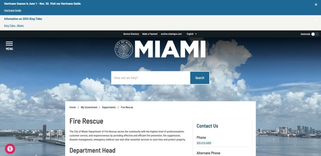 Screenshot of the City of Miami Fire Rescue webpage. The page features a city skyline, navigation menu, search bar, and contact info for Fire Rescue, along with hurricane-related alerts at the top.