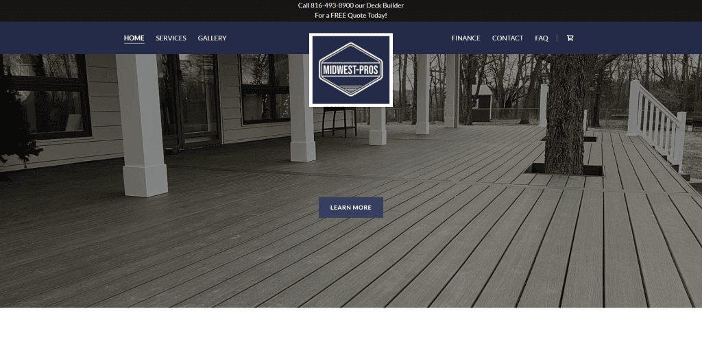 Website homepage for Midwest Pros Deck Builder, showing a wooden deck, modern house, trees in the background, and navigation menu with options like Home, Services, Gallery, Finance, Contact, and FAQ.