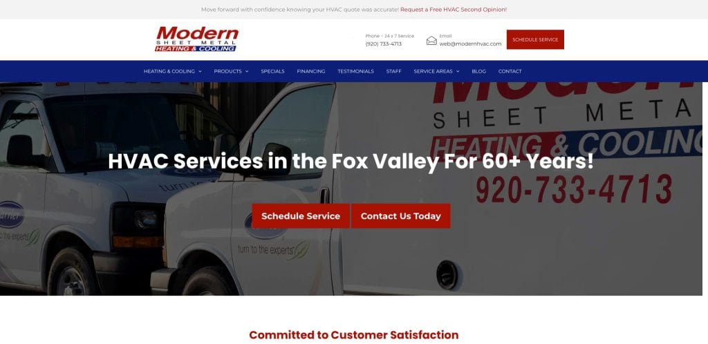 Two white HVAC service vans with Modern Sheet Metal Heating & Cooling branding are parked. Text overlay reads HVAC Services in the Fox Valley For 60+ Years! with options to schedule service or contact.