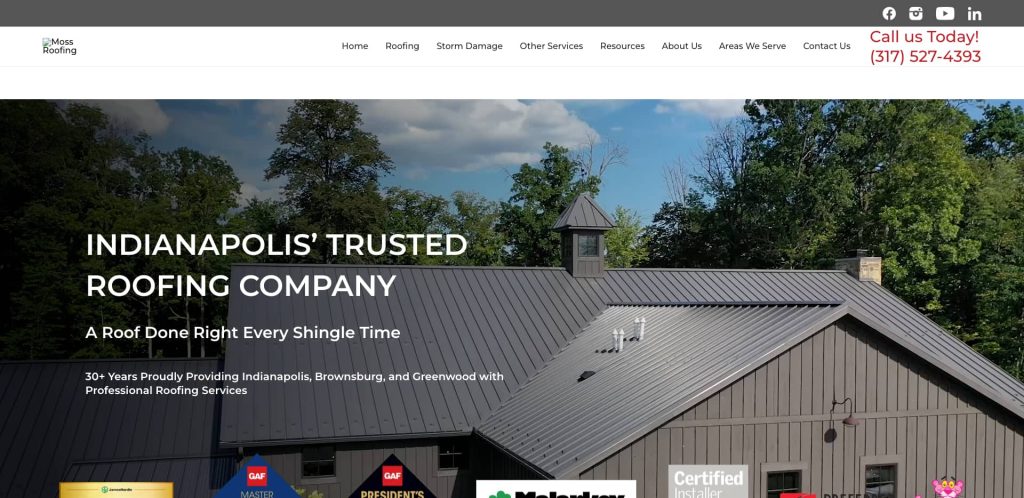 A website homepage for a roofing company features a gray metal roof barn under a blue sky with trees in the background. The text highlights the company as Indianapoliss trusted roofing company. Contact info is visible in the top right corner.