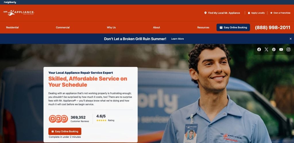 A smiling male technician in uniform stands in front of a branded Neighborly service van. The website highlights local appliance repair, online booking, ratings, and the contact phone number at the top right.