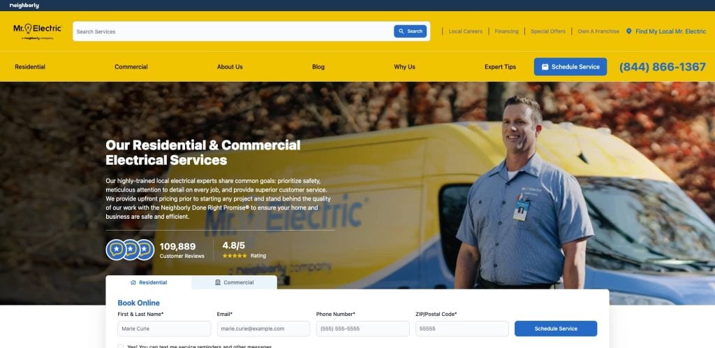 A smiling technician stands in front of a yellow Mr. Electric van. The website header offers options for services, careers, and scheduling. A service booking form and customer ratings are visible below the main banner.