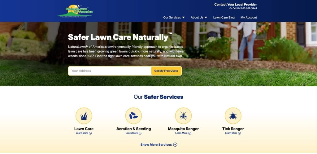 Screenshot of a lawn care website showing a search bar for free quotes, a tagline “Safer Lawn Care Naturally,” and icons for services: Lawn Care, Aeration & Seeding, Mosquito Ranger, and Tick Ranger.