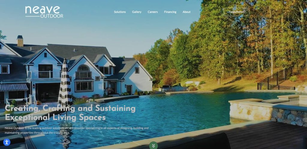 A large modern house with multiple windows sits next to a spacious, clear swimming pool surrounded by trees under a blue sky. White text overlays the image, promoting outdoor living spaces.