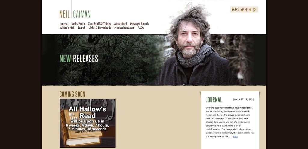 Screenshot of Neil Gaiman’s website homepage featuring a portrait of Neil Gaiman with tousled hair and a scarf, navigation links, a New Releases banner, and a countdown timer for All Hallows Read.