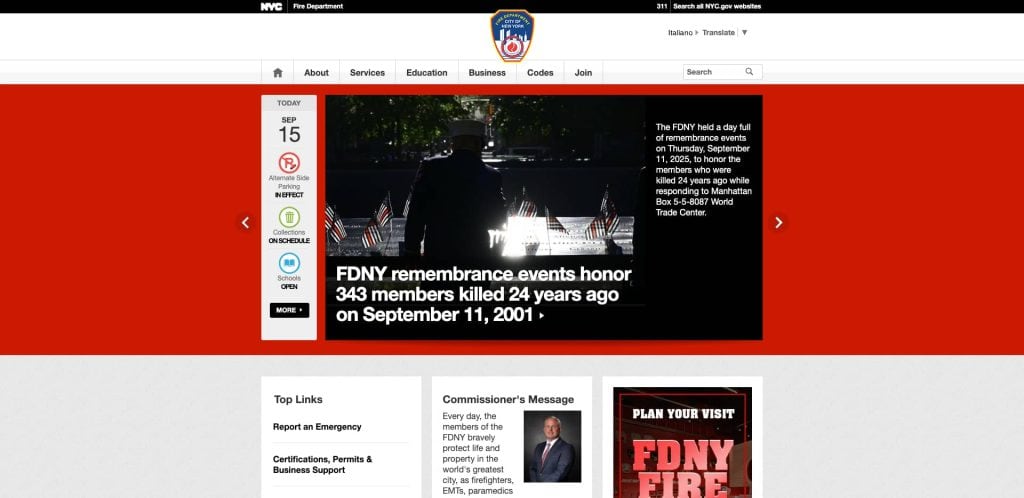 Screenshot of FDNY website homepage showing a remembrance event for 9/11 victims, with a headline about honoring 343 members lost, a silhouette of a person at a memorial, and various navigation menus and news sections.