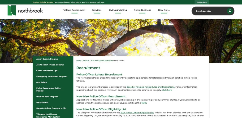 Screenshot of the Northbrook, Illinois village website’s Police Recruitment page, featuring a green-and-white header, navigation menu on the left, and recruitment details on police officer hiring. A tree branch with sunlight is pictured at the top.