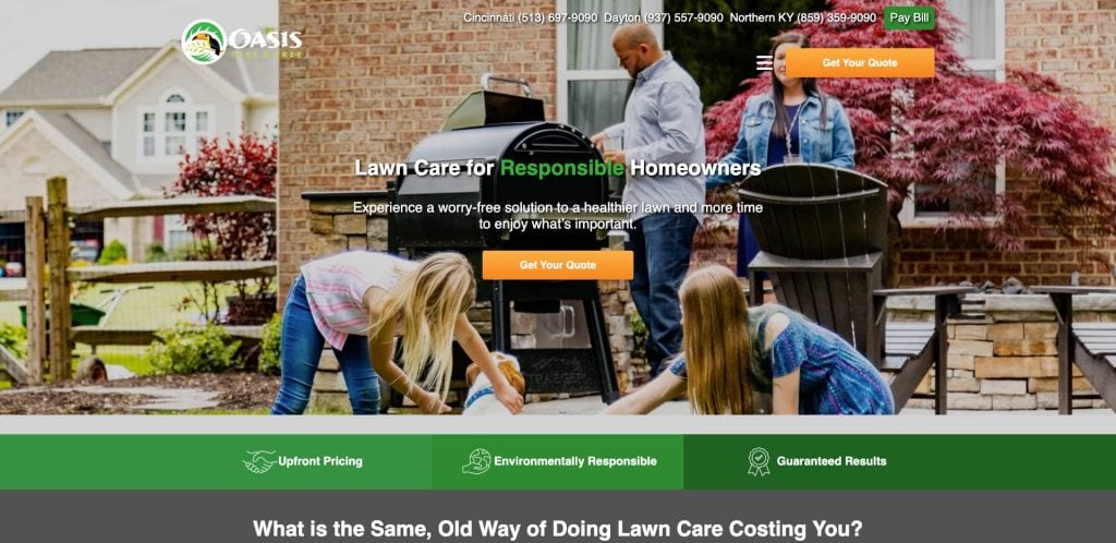 A family works together in their backyard, with adults grilling and children gardening, under the text “Lawn Care for Responsible Homeowners” on a website offering eco-friendly lawn care services.