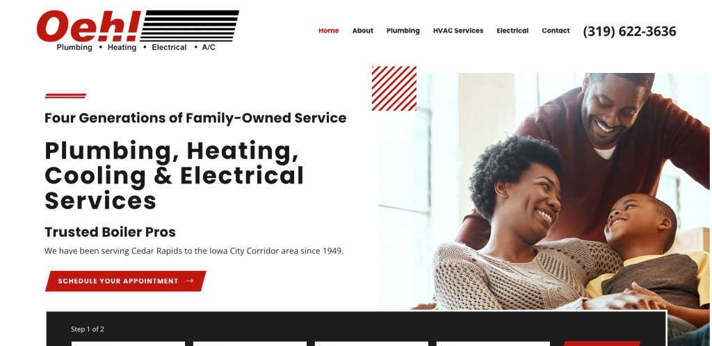 Screenshot of the Oehl website homepage showing a smiling family, company logo, services offered (plumbing, heating, electrical, A/C), contact number, and a red button to schedule an appointment.