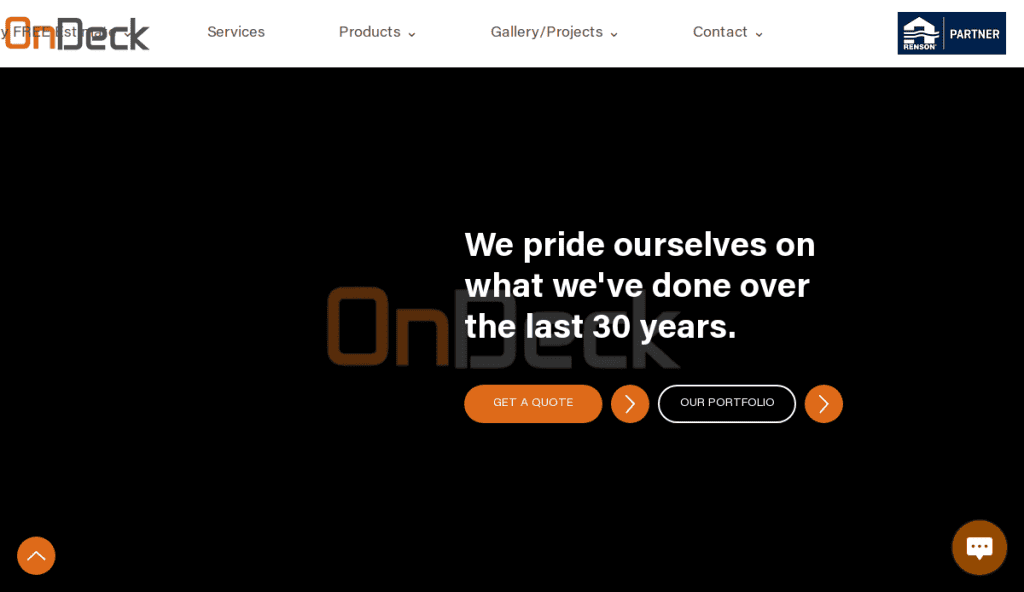 Website homepage with black background, white text saying We pride ourselves on what weve done over the last 30 years, and orange and black buttons labeled Get a Quote and Our Portfolio. Navigation bar at the top.
