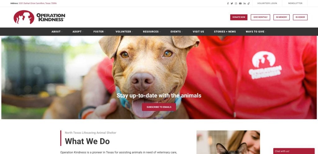 Homepage of Operation Kindness, a North Texas animal shelter, featuring a close-up of a brown dog being gently held by a person in a red shirt. Navigation and subscription buttons are visible at the top.