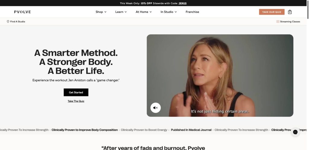 A woman with light hair speaks in a video on a website for Pvolve, a fitness company. The text reads: “A Smarter Method. A Stronger Body. A Better Life.” with a button to get started and navigation options above.