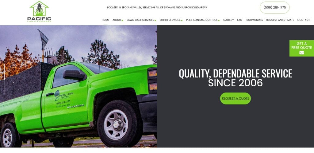 A bright green pickup truck with the Pacific Lawn and Pest logo is parked under a cloudy sky beside trees; text promotes quality, dependable service since 2006 and offers options to get a free quote or request a quote.