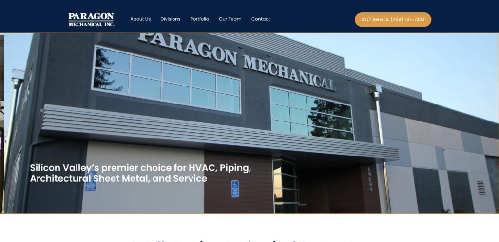 Modern commercial building with Paragon Mechanical signage above the entrance; website header displays navigation menu and a highlighted phone number for 24/7 service. Text reads: Silicon Valleys premier choice for HVAC, Piping, Architectural Sheet Metal, and Service.